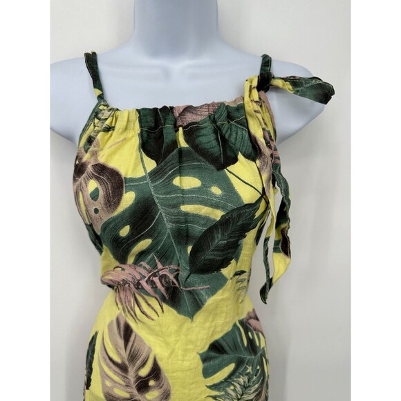 BELLA AMBRA Italy Linen Tropical Hawaiian print Midi Dress Shift Ruffle Hem Bow - Picture 3 of 13